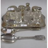 Three Victorian silver serving spoons, an oak cased canteen of electroplate rat tail pattern