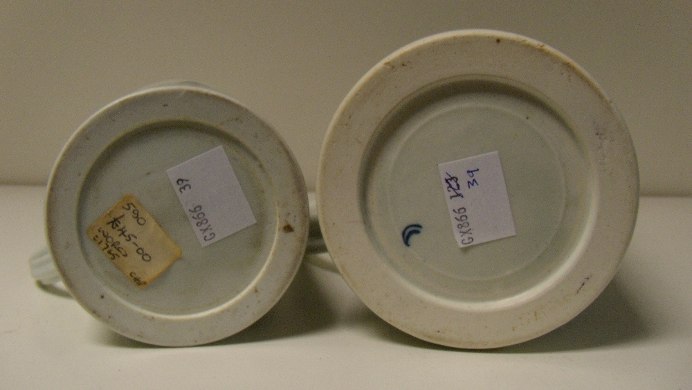 Two Worcester blue and white mugs, the pint and half pint sizes similarly printed, 12cm (4.75 in) - Image 3 of 3