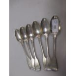 A set of six William IV silver fiddle pattern teaspoons by James Beebe, London 1832, monogrammed,