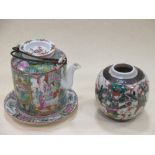 A Canton tea pot, a plate and a crackleware ginger jar (3)
