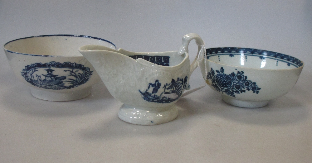 A Pennington's Liverpool blue and white cream boat together with two bowls (3)  The last bowl has