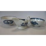 A Pennington's Liverpool blue and white cream boat together with two bowls (3)  The last bowl has
