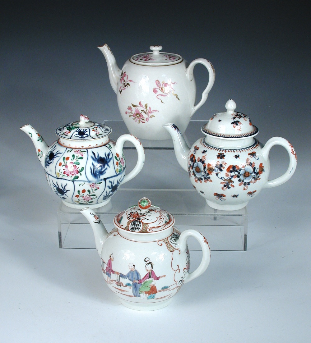 An 18th century English tea pot and cover painted with two rows of alternating sinuous panels of
