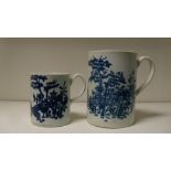 Two Worcester blue and white mugs, the pint and half pint sizes similarly printed, 12cm (4.75 in)