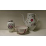 A Liverpool baluster coffee pot, a bowl and a tea caddy (3)  The coffee pot has a filled chip to its