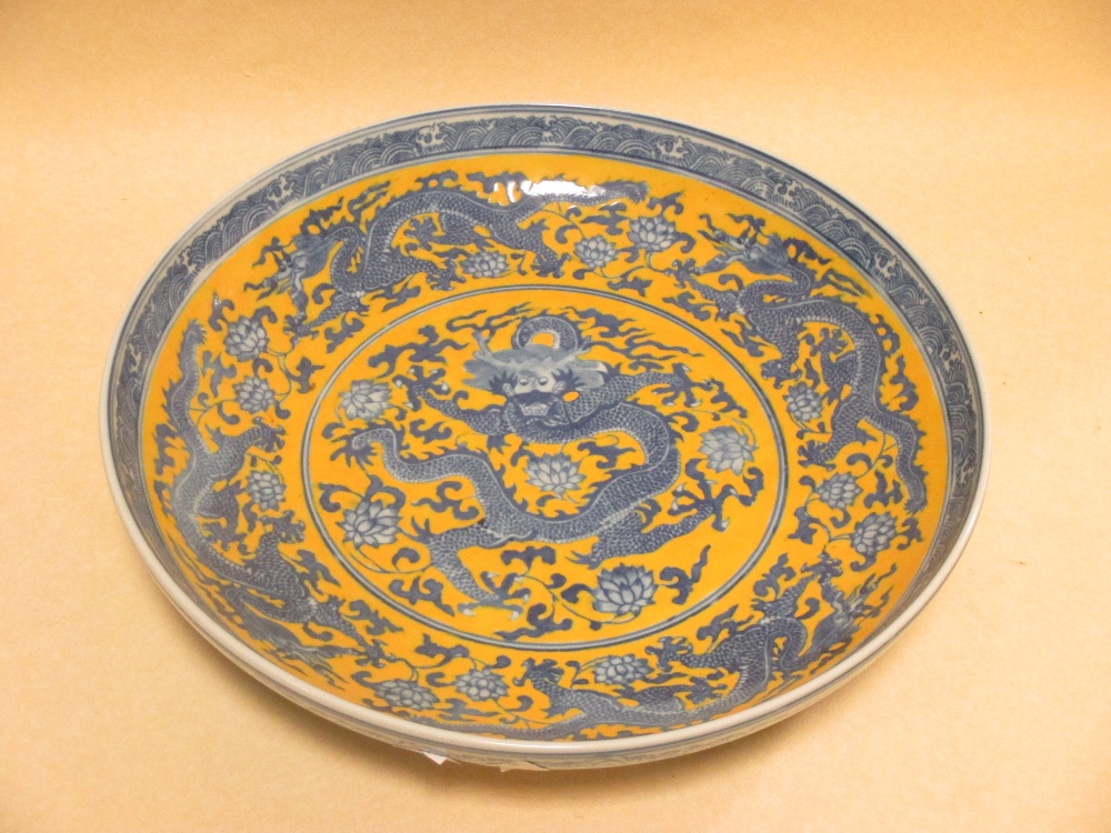 A large Chinese yellow and blue charger