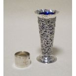 A silver posy vase with blue glass liner and a napkin ring (3)