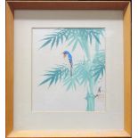 A Chinese painting of wisteria, a Japanese painting of a kingfisher, two watercolours of French