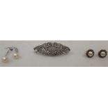 A pair of diamond and pearl earrings together with a pair of faux pearl earrings and a marcasite