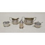 A silver three piece octagonal cruet set, Mappin & Webb, Birmingham 1913, and two spoons; together