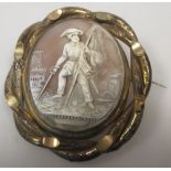 A shell cameo brooch of a 19th century soldier with the city beyond, in yellow metal mount, 7cm