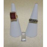 A two row diamond ring set in 18ct gold, size N-O, together with a cornelian seal ring and a loose