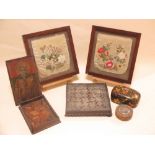 A pair of embroidered panels, a quantity of mother of pearl counters and other items