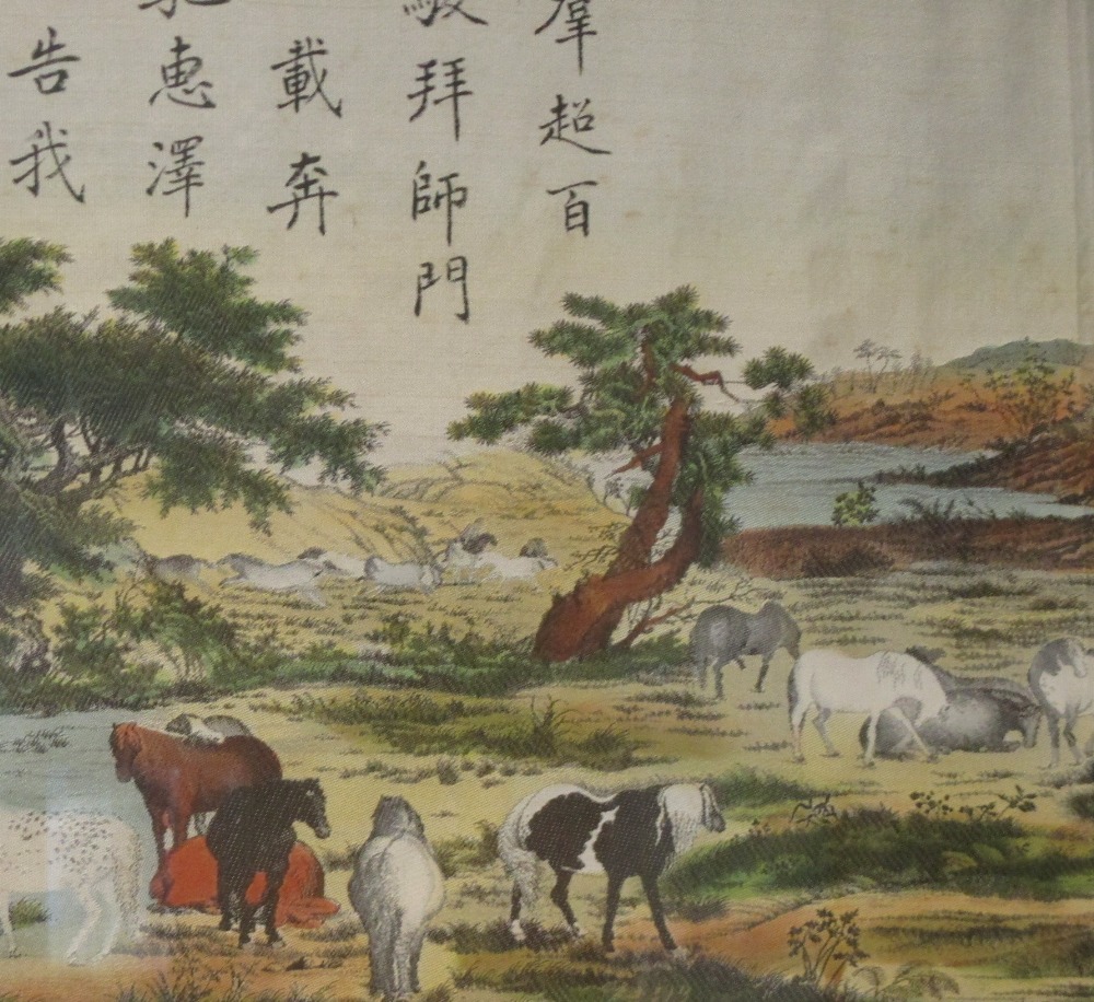 A silkscreen of horses and cattle crossing a river, together with a pair of prints freaturing two