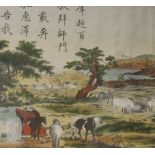 A silkscreen of horses and cattle crossing a river, together with a pair of prints freaturing two