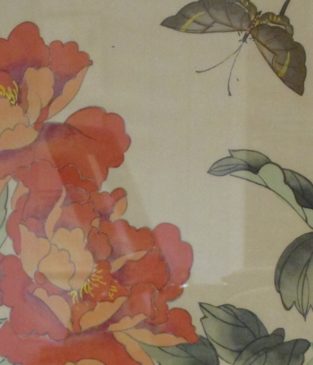 Two chinese paintings on silk - one depicting fish, 120cm x 80cm, and the other depicting flowers,