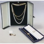 A 9ct rope chain (6.5g) together with a 9ct watch by Garrad (cased), a pearl necklace and two