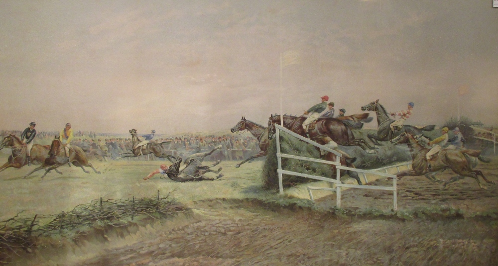 G D Giles, horse racing, a coloured print 100 x 55 cm