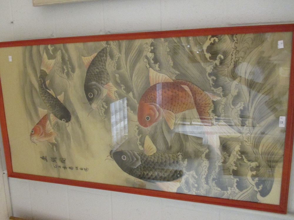 Two chinese paintings on silk - one depicting fish, 120cm x 80cm, and the other depicting flowers, - Image 2 of 2