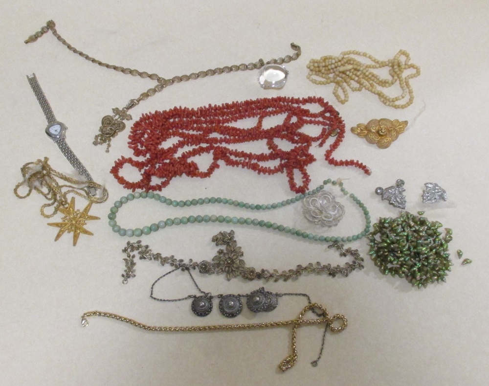 A coral necklace, another, and various filigree jewellery