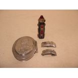 A red glass and mounted scent bottle and a white metal oval portrait snuff box, apparently unmarked,