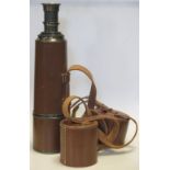 A mid-20th century six draw telescope by Dolland London with leather case, 109cm open