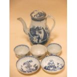 A Lowestoft fisherman pattern coffee pot, two saucers and two tea bowls matching one saucer (6)