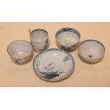 Three Liverpool blue and white tea bowls, a coffee cup and one saucer (6)