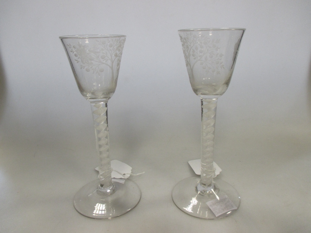 A pair of 18th century conical airtwist glasses engraved with fruiting tree and butterfly (2)