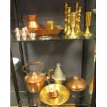 A quantity of assorted copper and brass metalwares and a copper warming pan (qty)
