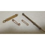 A S.Mordan pencil, another, and two gold 'safety' pins (4)
