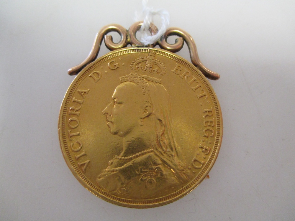 An 1887 gold £2 with yellow metal mount - Image 2 of 2