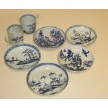 An 18th century Caughley blue and white trio, another Worcester, two coffee cups and saucers and a