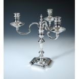 A modern cast silver three light candelabrum, by J B Chatterley & Sons Ltd, Birmingham 1972, in