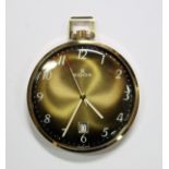 By Edox - a gentleman's mid-sized gold plated fob watch with bronzed dial, white Arabic numerals,