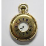 An Edwardian 18ct gold half-hunter cased fob watch, the unsigned white enamelled dial printed with