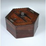 An early Victorian rosewood letter box, the hexagonal form with hinged cover and slots for