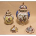 Two Helena Wolfsohn jars and four covers (4)  Cabinet condition. Yellow jar finial off. Lid