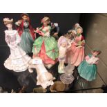 Eight ceramic Ladies to incldue Royal Douton and Coalport, a lobster man and a glass bird by