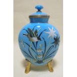 An Aesthetic movement ceramic vase, the powder blue ground decorated with birds and flowers, 33cm