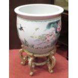 A modern Chinese famille rose fish bowl, 76 x 54cm (on stand)