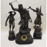 A late Victorian spelter clock garniture of Seafaring subject, the clock figure is 72cm high (3)