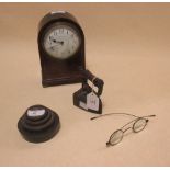 A mahogany cased mantel clock with key, spectacles, small iron and weights (4)