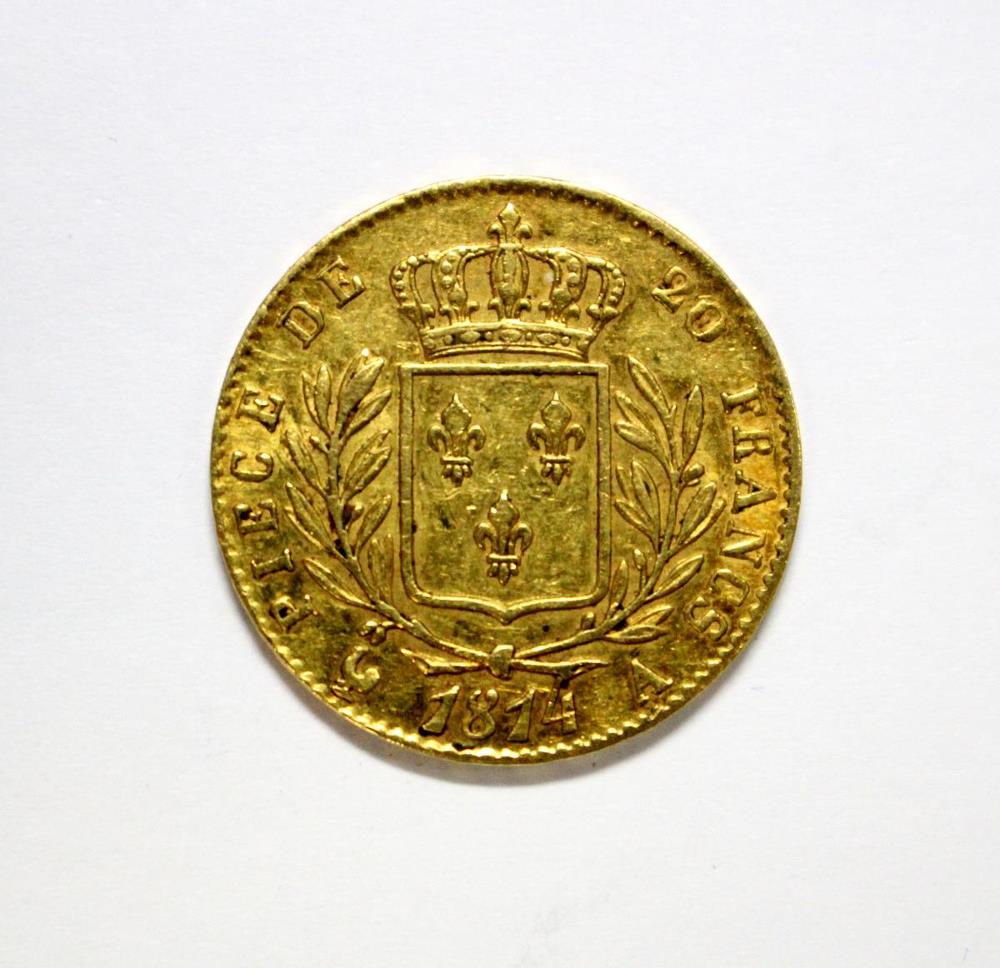 France gold 20 Francs, 1814, 'A', about VF, 6.5gm