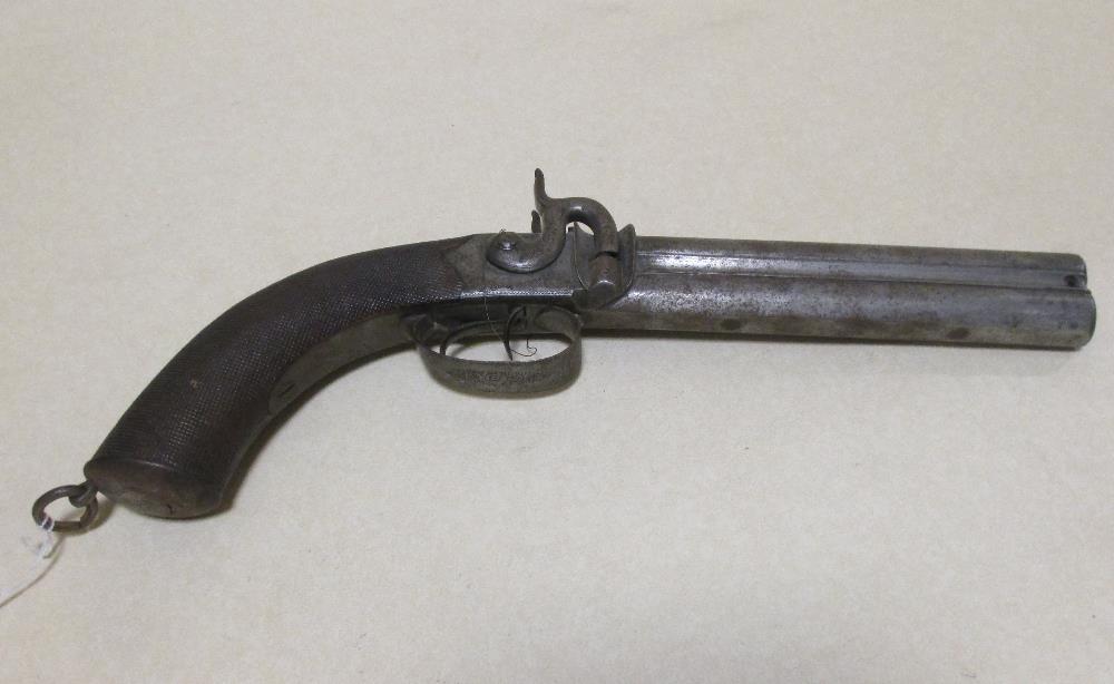 A percussion double barrel pistol, the barrel signed A Karabegof, London, ramrod and lugs missing,