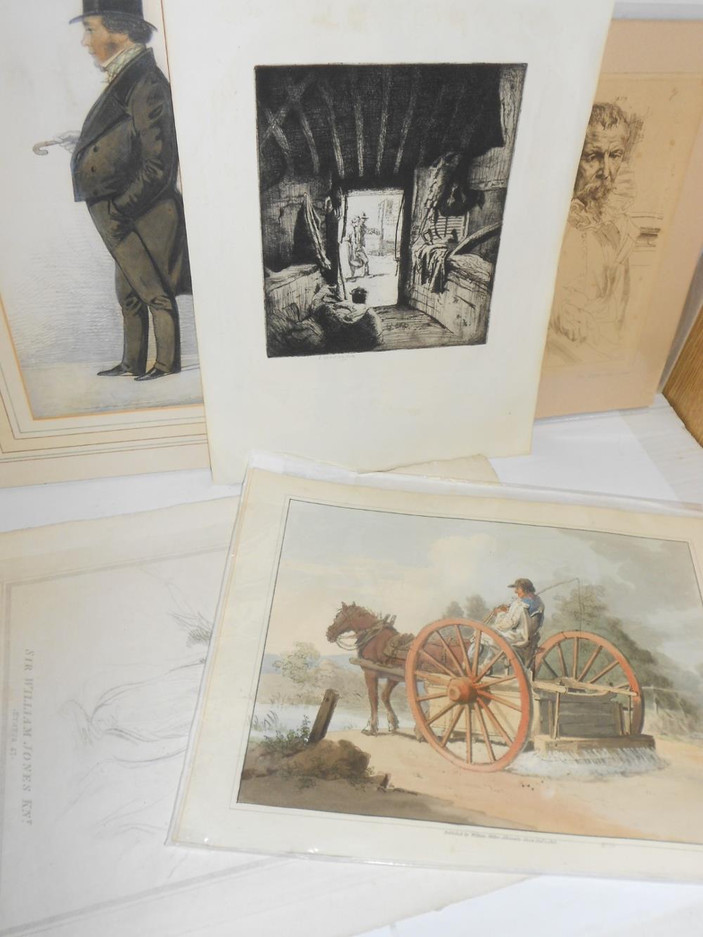 Six unframed prints and watercolours E. Herbert Whydale, View from a barn door, two figures