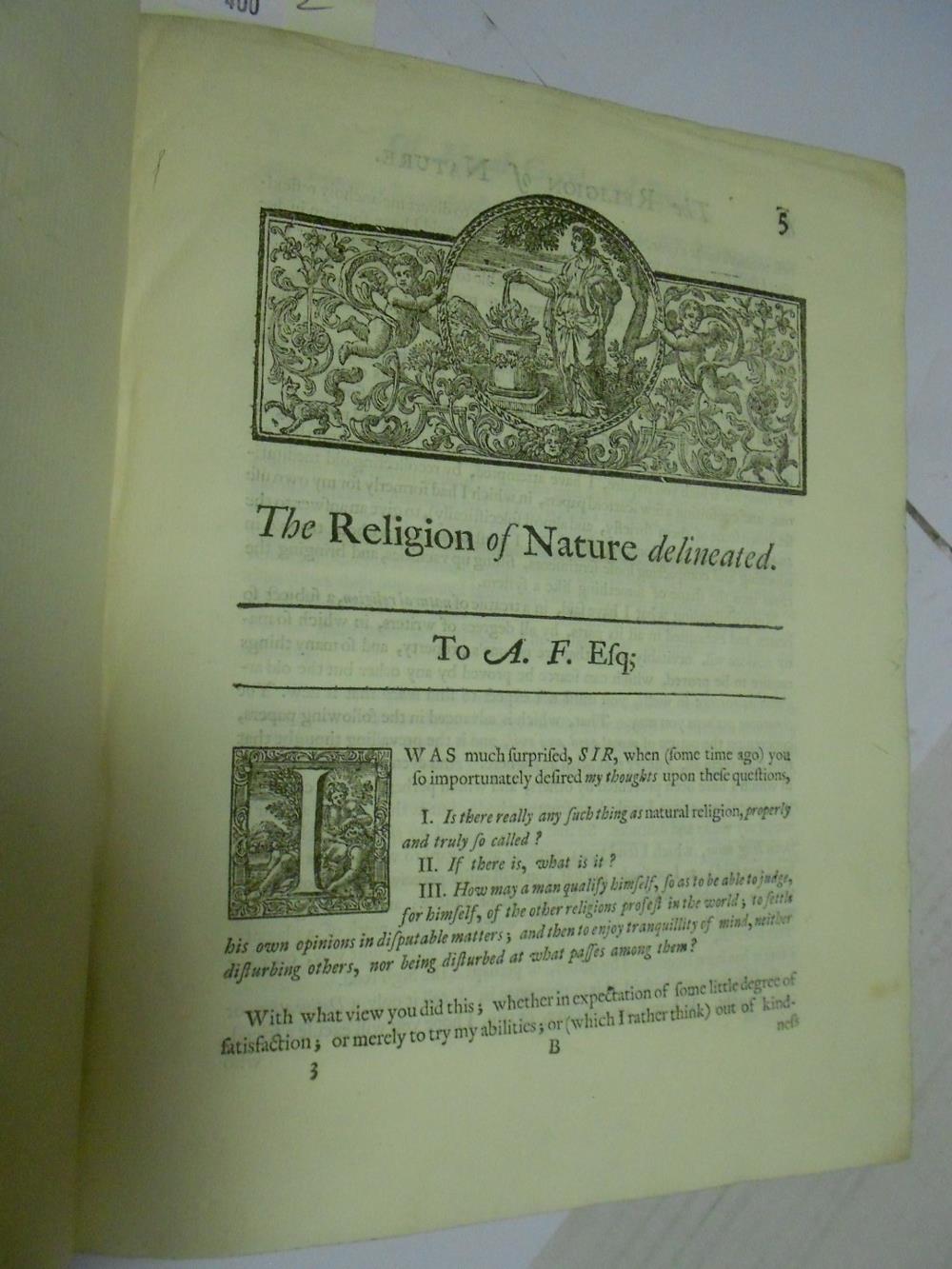 The Religion of Nature Delineated, London 1731, 4to, 5th edition, portrait frontispiece of - Image 3 of 6