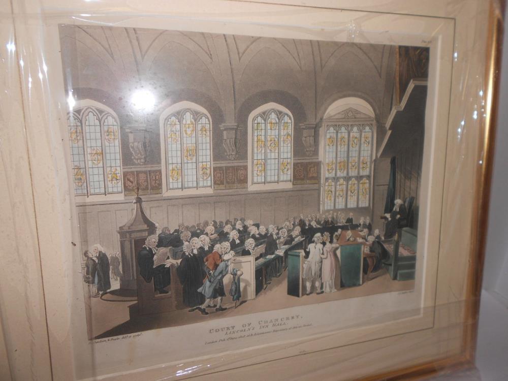 After Rowlandson and Pugin, Four inns of court or courtroom scenes, coloured aquatints, 20 x 26cm;