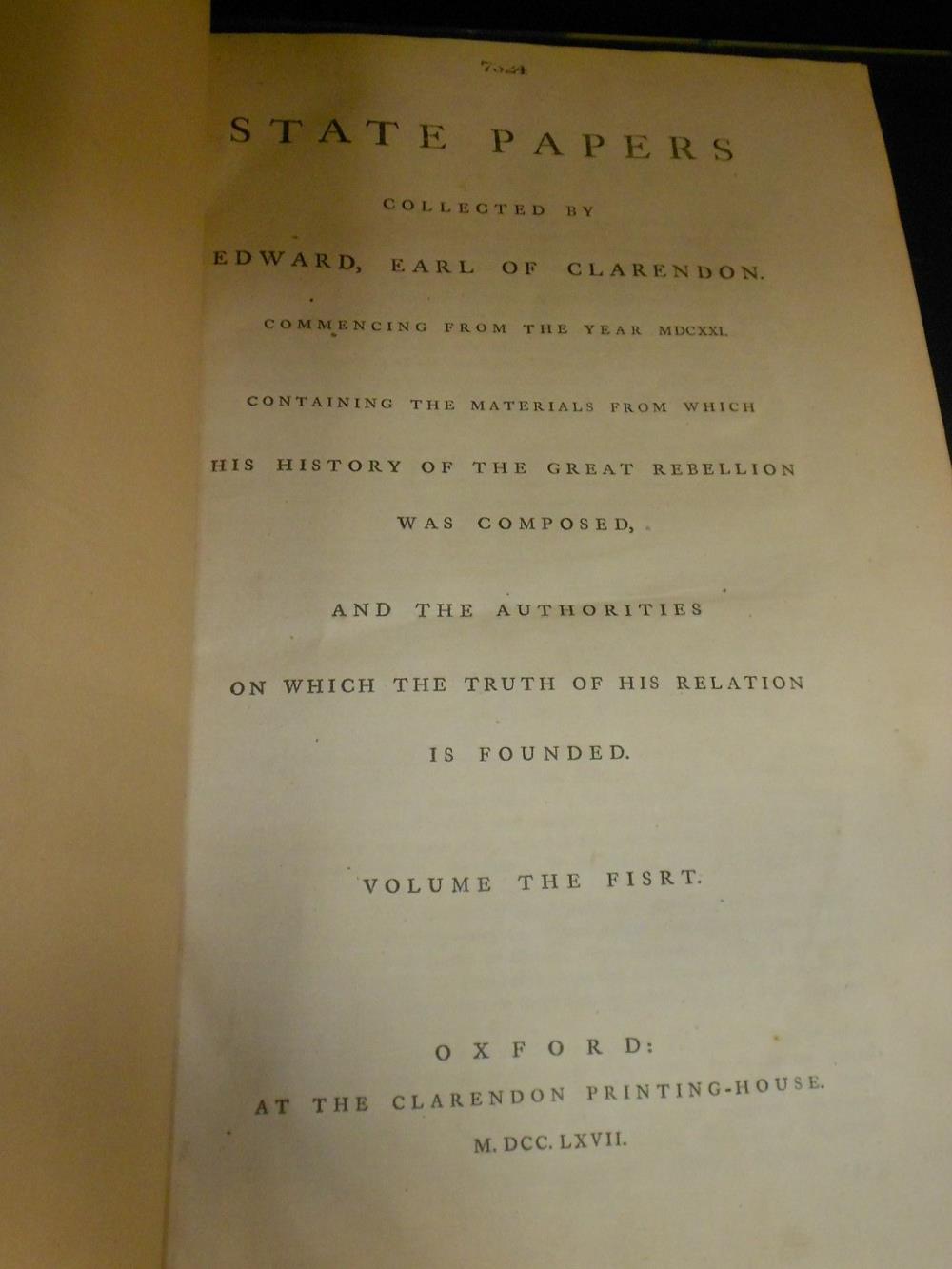 CLARENDON (Edward, Earl of) State Papers, 3 vols. Oxford 1767-1786, folio, ex library, neat - Image 2 of 4