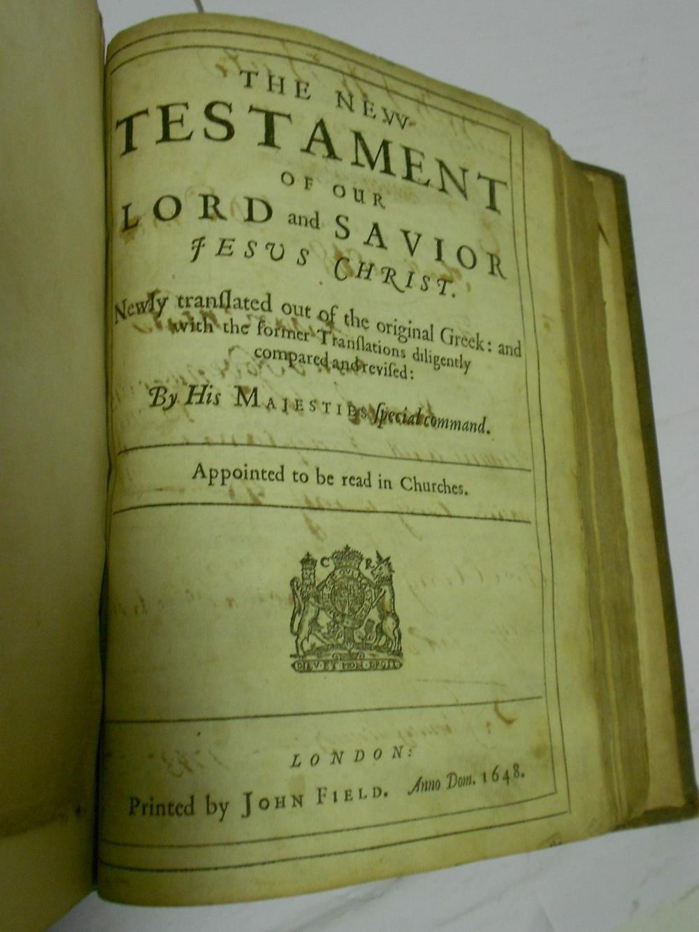 Bible, John Field, London 1648, small 4to, engraved title damaged, bound with Genealogies, 1638, - Image 3 of 3